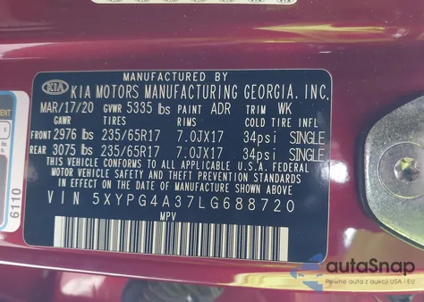 2020 Kia Sorento 2.4L Lx из США, поврежденный, VIN 5XYPG4A37LG688720